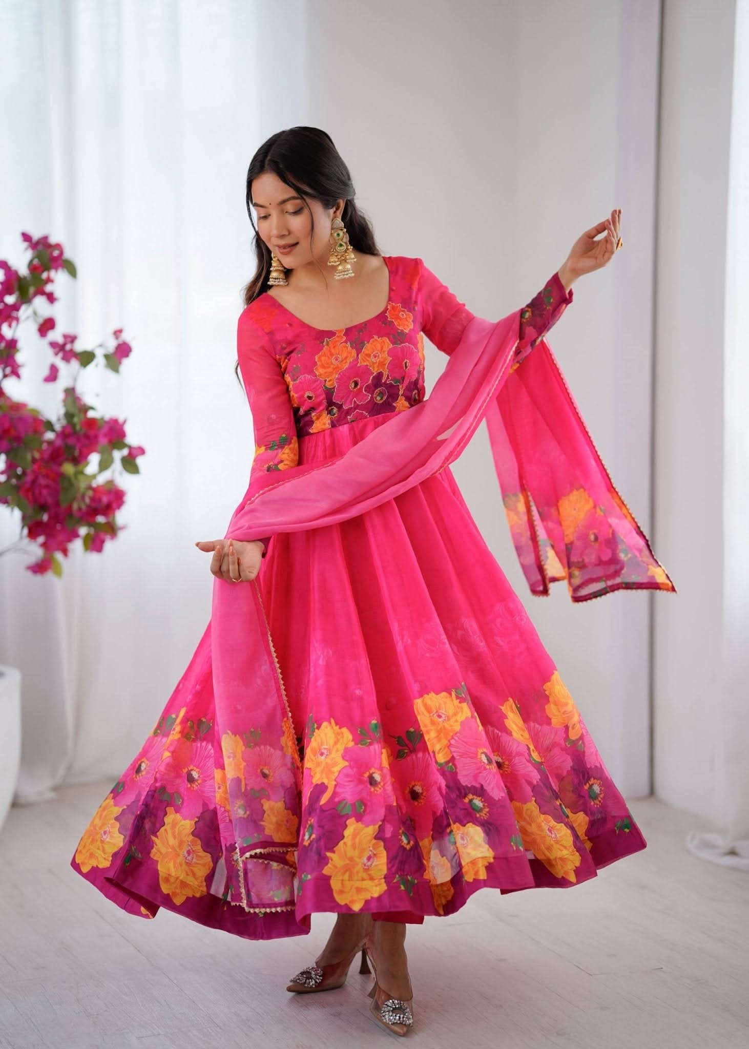 Organza Taby Silk 14 Kali Digital Print Gown Set With Dupatta & Pant - LAASYNA