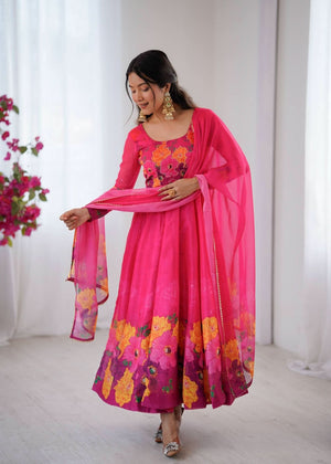 Organza Taby Silk 14 Kali Digital Print Gown Set With Dupatta & Pant - LAASYNA