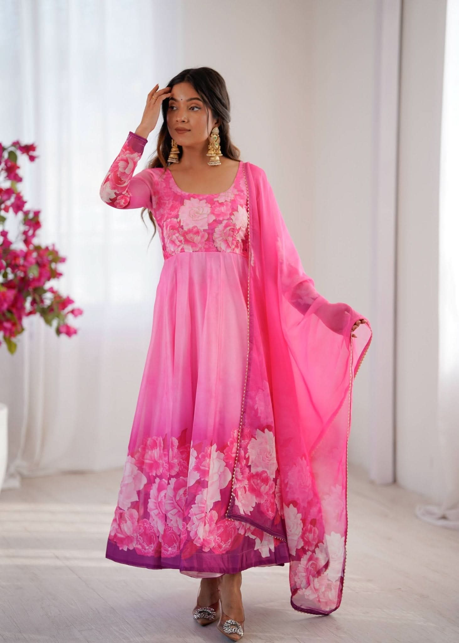 Organza Taby Silk 14 Kali Digital Print Gown Set With Dupatta & Pant - LAASYNA