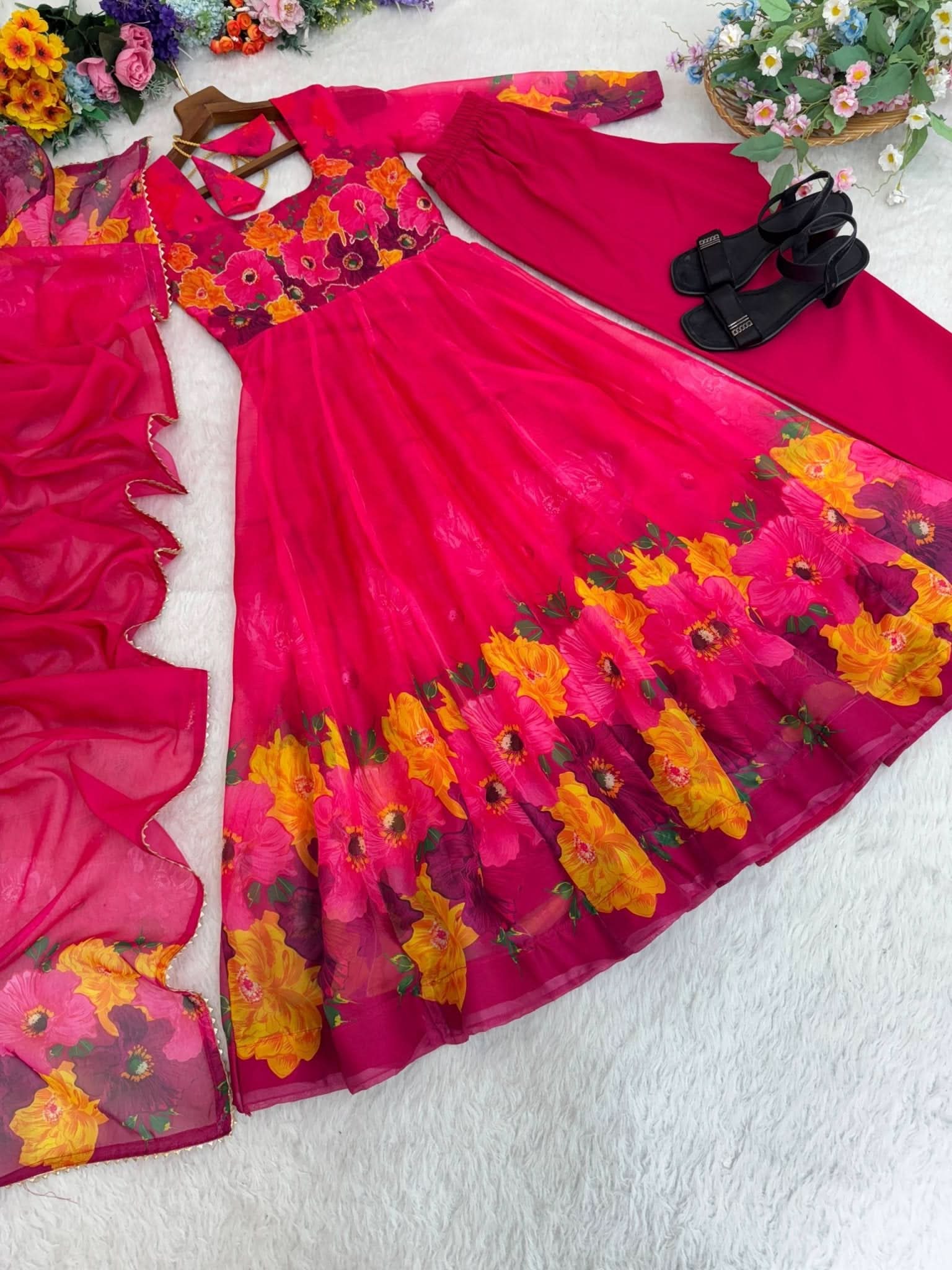 Organza Taby Silk 14 Kali Digital Print Gown Set With Dupatta & Pant - LAASYNA