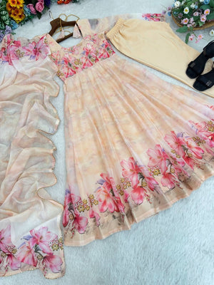 Organza Taby Silk 14 Kali Digital Print Gown Set With Dupatta & Pant - LAASYNA