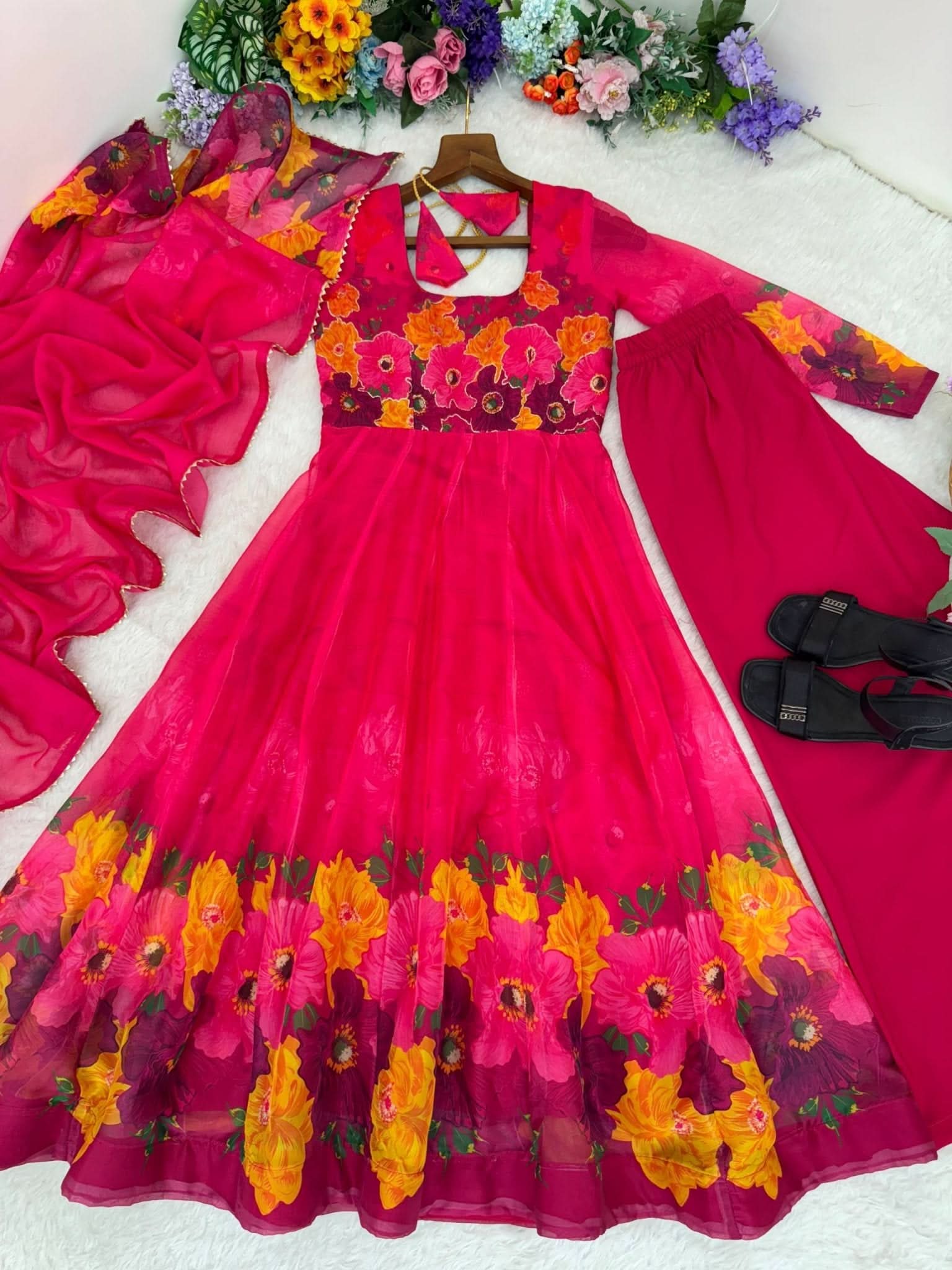 Organza Taby Silk 14 Kali Digital Print Gown Set With Dupatta & Pant - LAASYNA