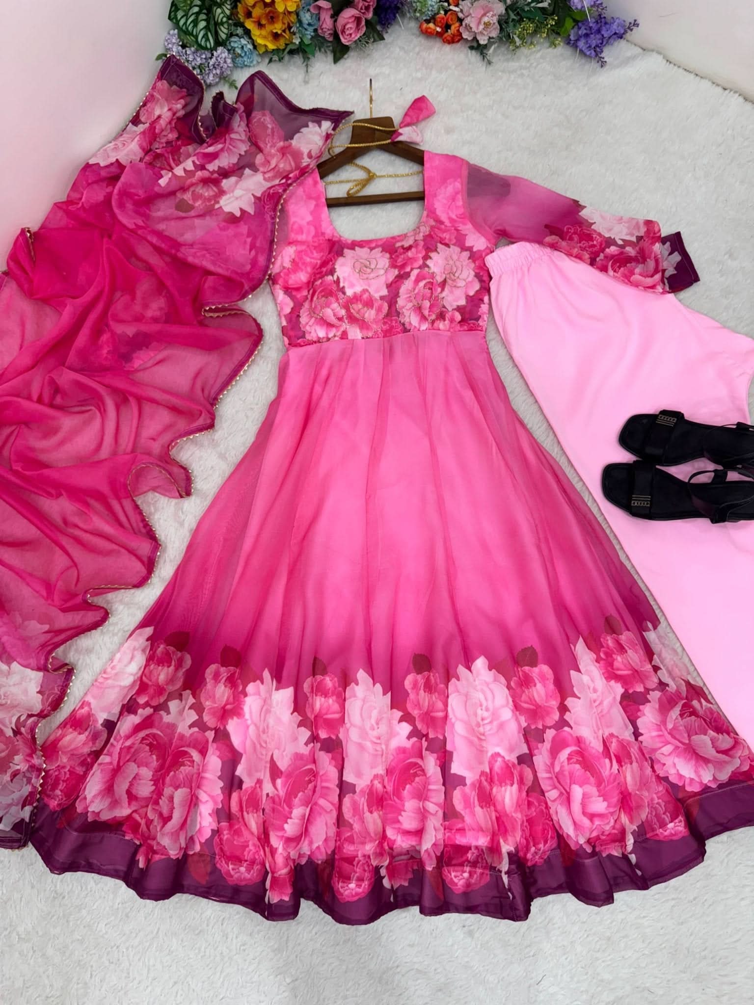 Organza Taby Silk 14 Kali Digital Print Gown Set With Dupatta & Pant - LAASYNA