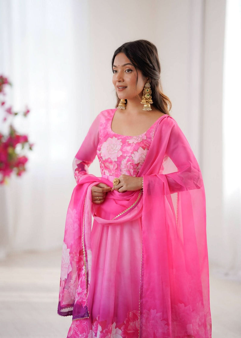 Organza Taby Silk 14 Kali Digital Print Gown Set With Dupatta & Pant - LAASYNA