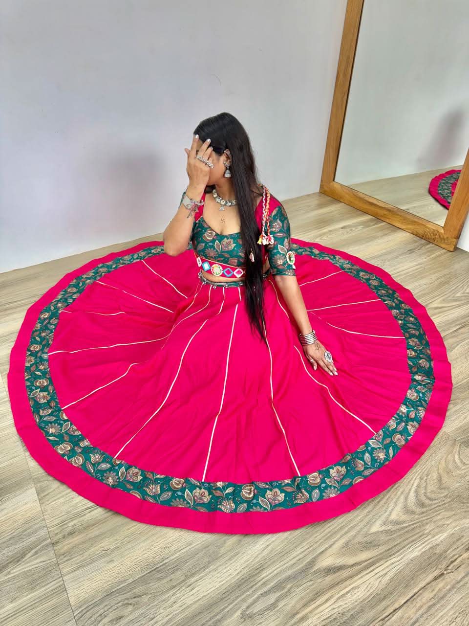 Pink Navratri 2025 Roman Silk Lehenga Choli With Mirror Work - LAASYNA