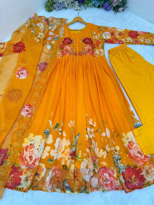 Premium Fox Georgette Handwork Neck Gown Set With Taby Silk Digital Print Dupatta - LAASYNA