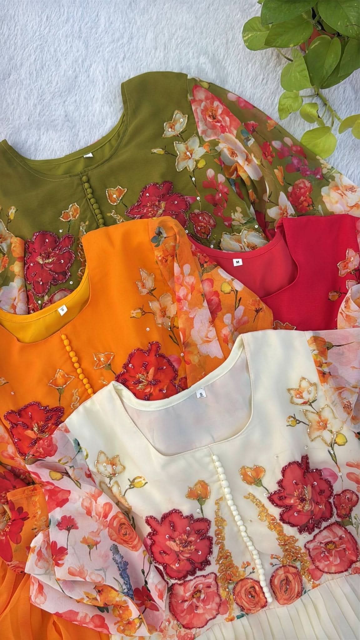 Premium Fox Georgette Handwork Neck Gown Set With Taby Silk Digital Print Dupatta - LAASYNA