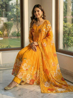 Premium Fox Georgette Handwork Neck Gown Set With Taby Silk Digital Print Dupatta - LAASYNA