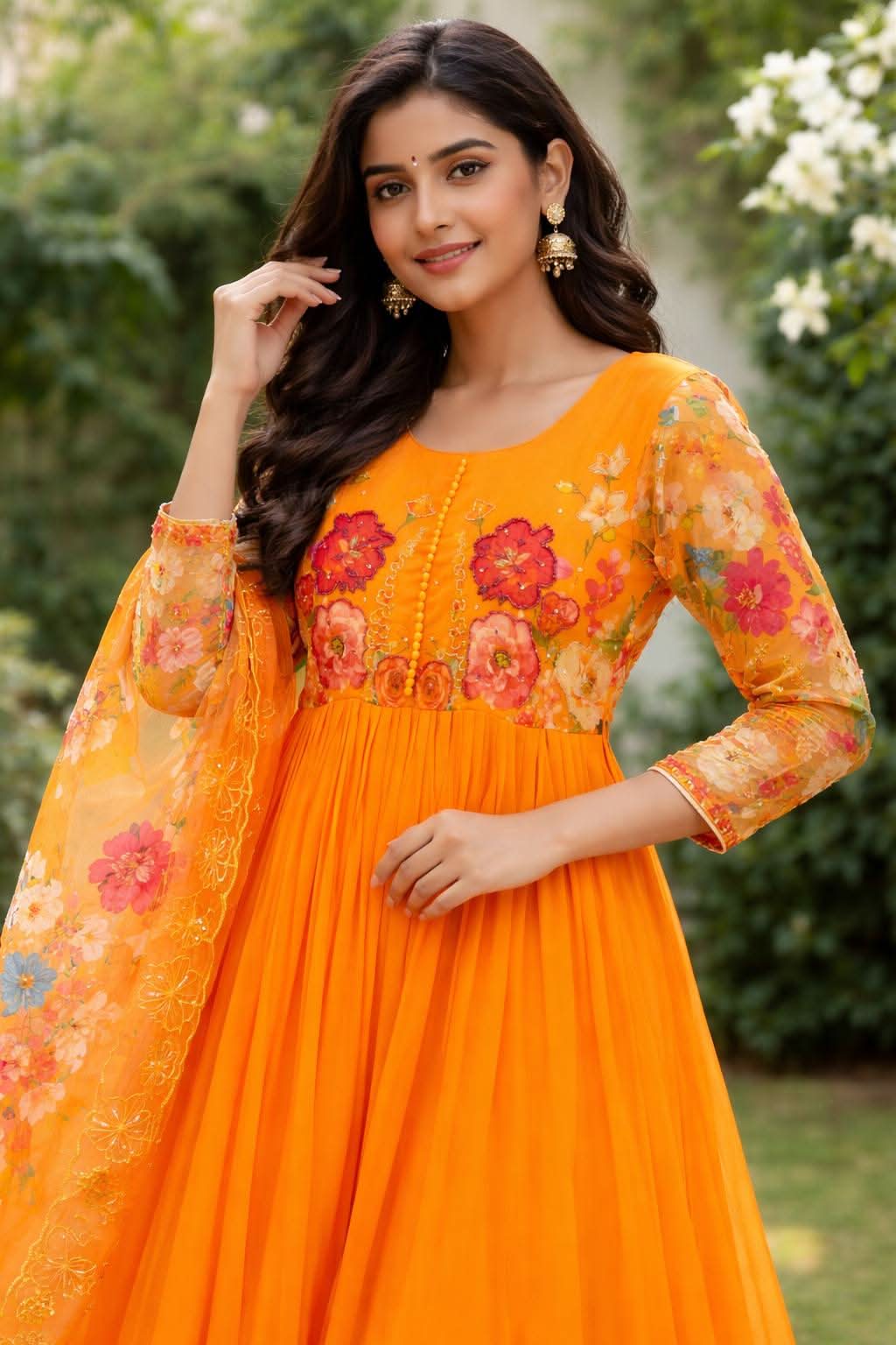 Premium Fox Georgette Handwork Neck Gown Set With Taby Silk Digital Print Dupatta - LAASYNA