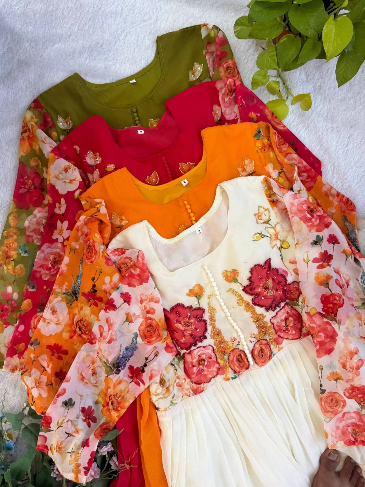 Premium Fox Georgette Handwork Neck Gown Set With Taby Silk Digital Print Dupatta - LAASYNA