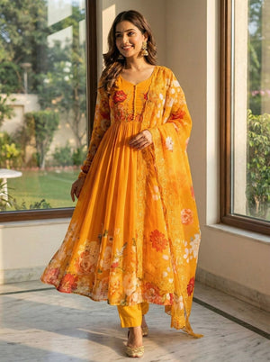 Premium Fox Georgette Handwork Neck Gown Set With Taby Silk Digital Print Dupatta - LAASYNA