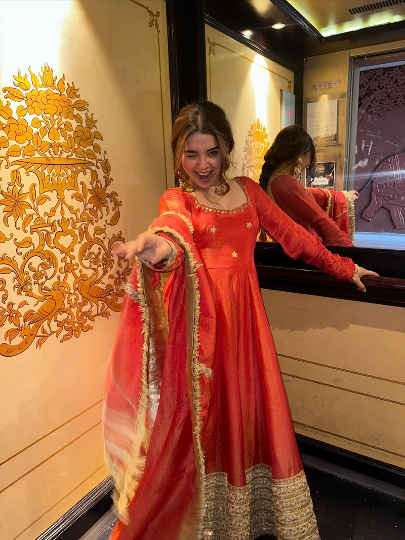 Rust Colour Chinon Silk Anarkali Gown Set With Dupatta – Heavy Embroidery Party Wear - LAASYNA