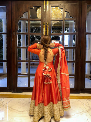 Rust Colour Chinon Silk Anarkali Gown Set With Dupatta – Heavy Embroidery Party Wear - LAASYNA