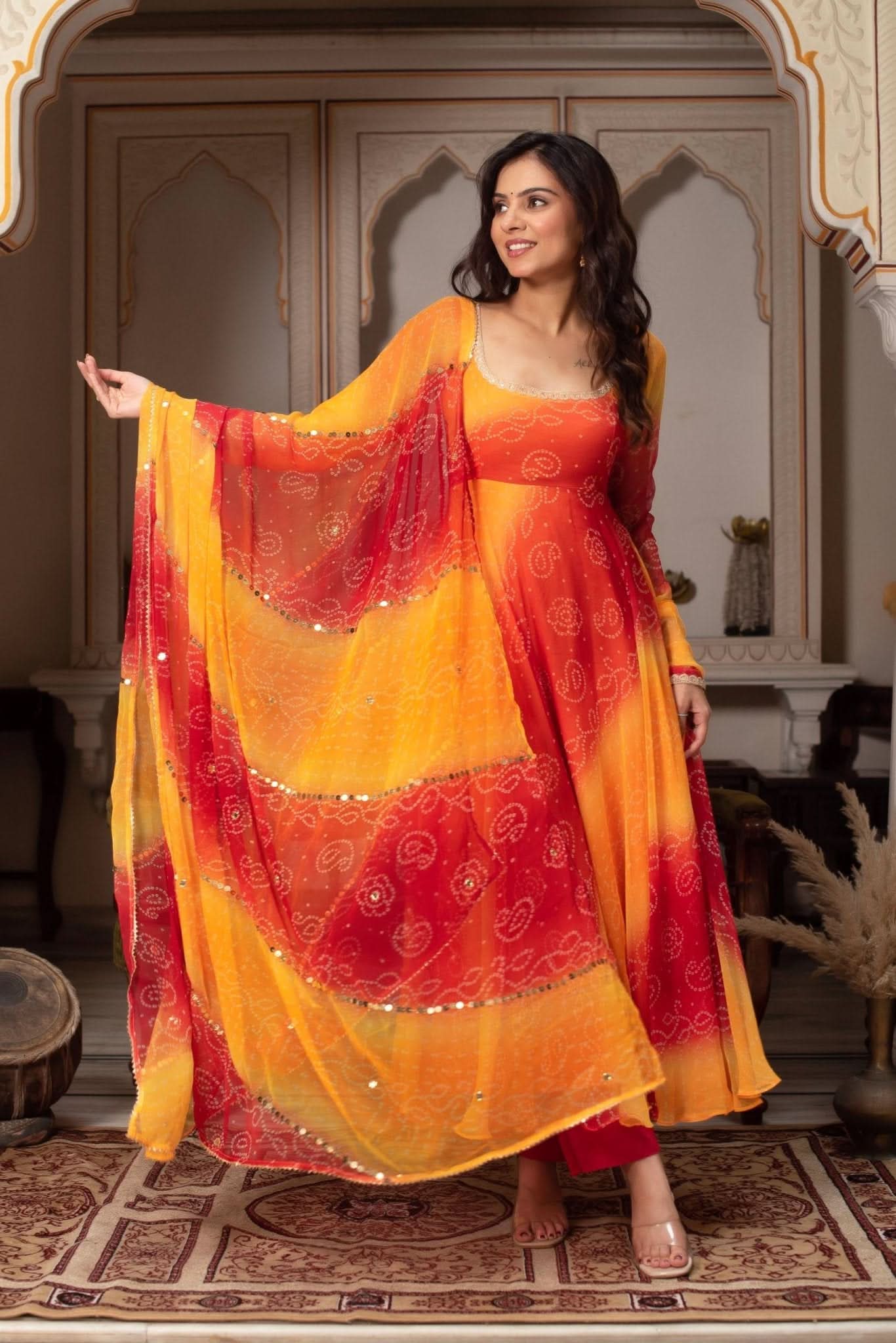 Sunset Bandhani Georgette Chiffon Gown Set With Dupatta & Pant - LAASYNA