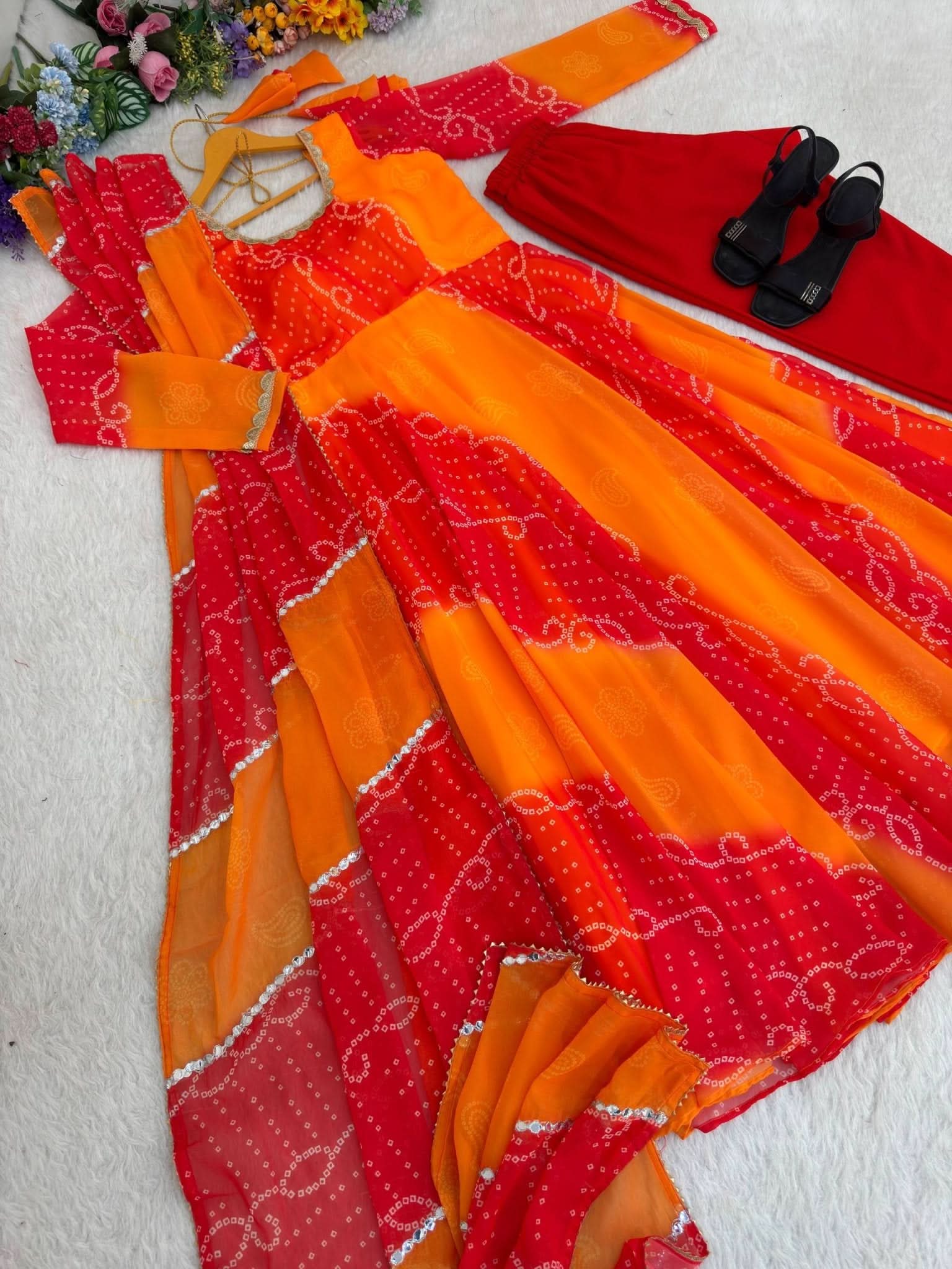 Sunset Bandhani Georgette Chiffon Gown Set With Dupatta & Pant - LAASYNA