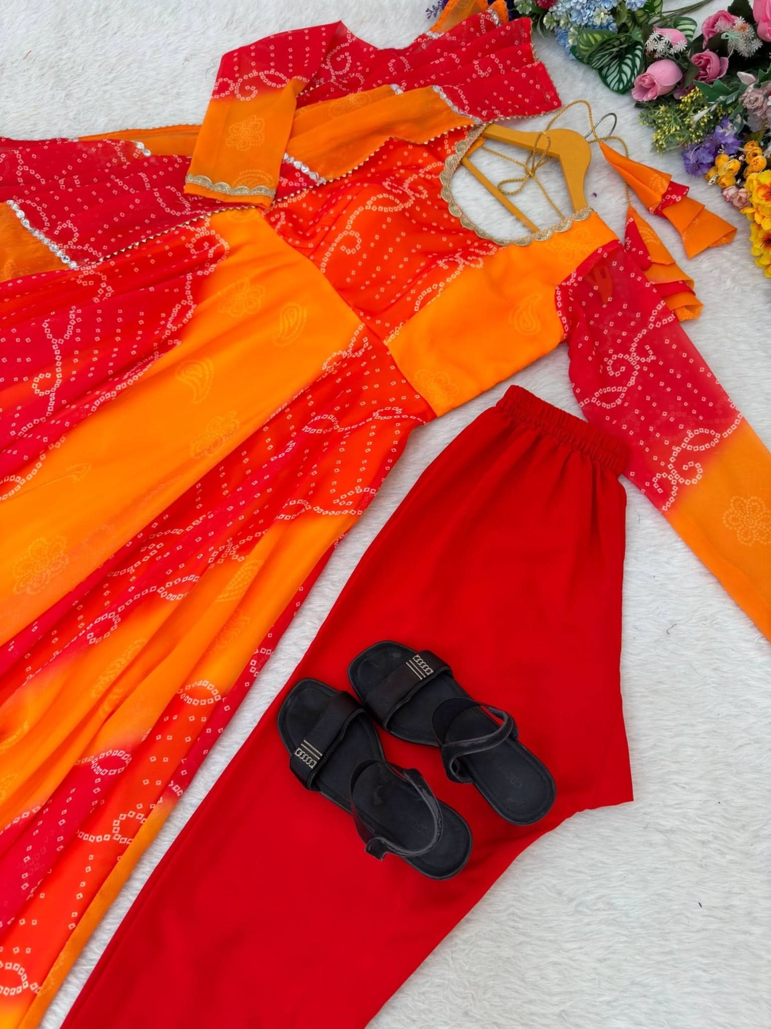 Sunset Bandhani Georgette Chiffon Gown Set With Dupatta & Pant - LAASYNA