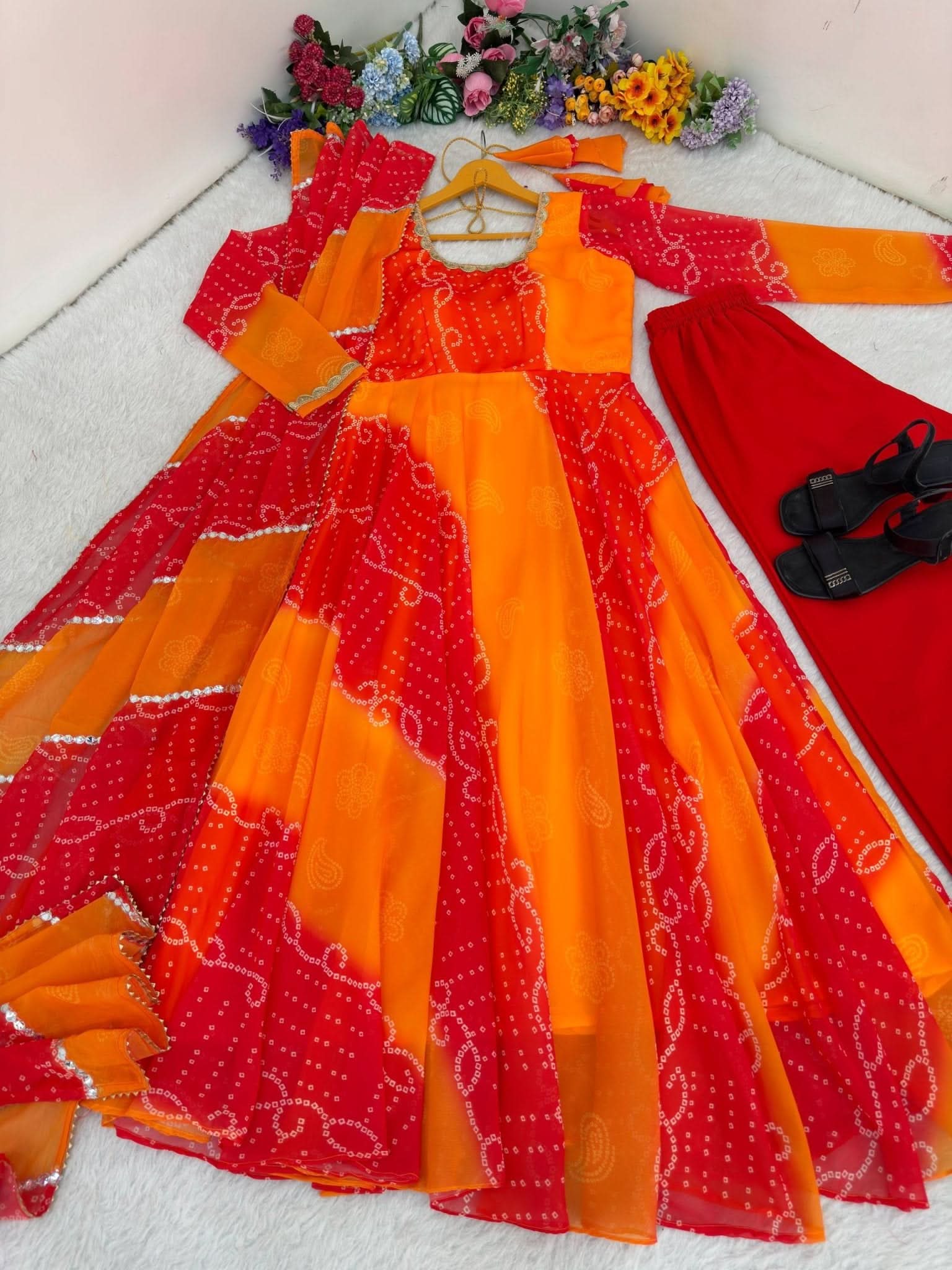 Sunset Bandhani Georgette Chiffon Gown Set With Dupatta & Pant - LAASYNA
