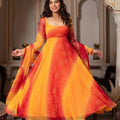 Sunset Bandhani Georgette Chiffon Gown Set With Dupatta & Pant - LAASYNA