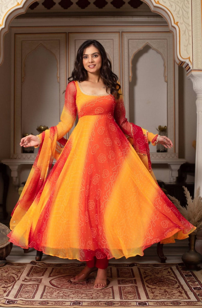 Sunset Bandhani Georgette Chiffon Gown Set With Dupatta & Pant - LAASYNA