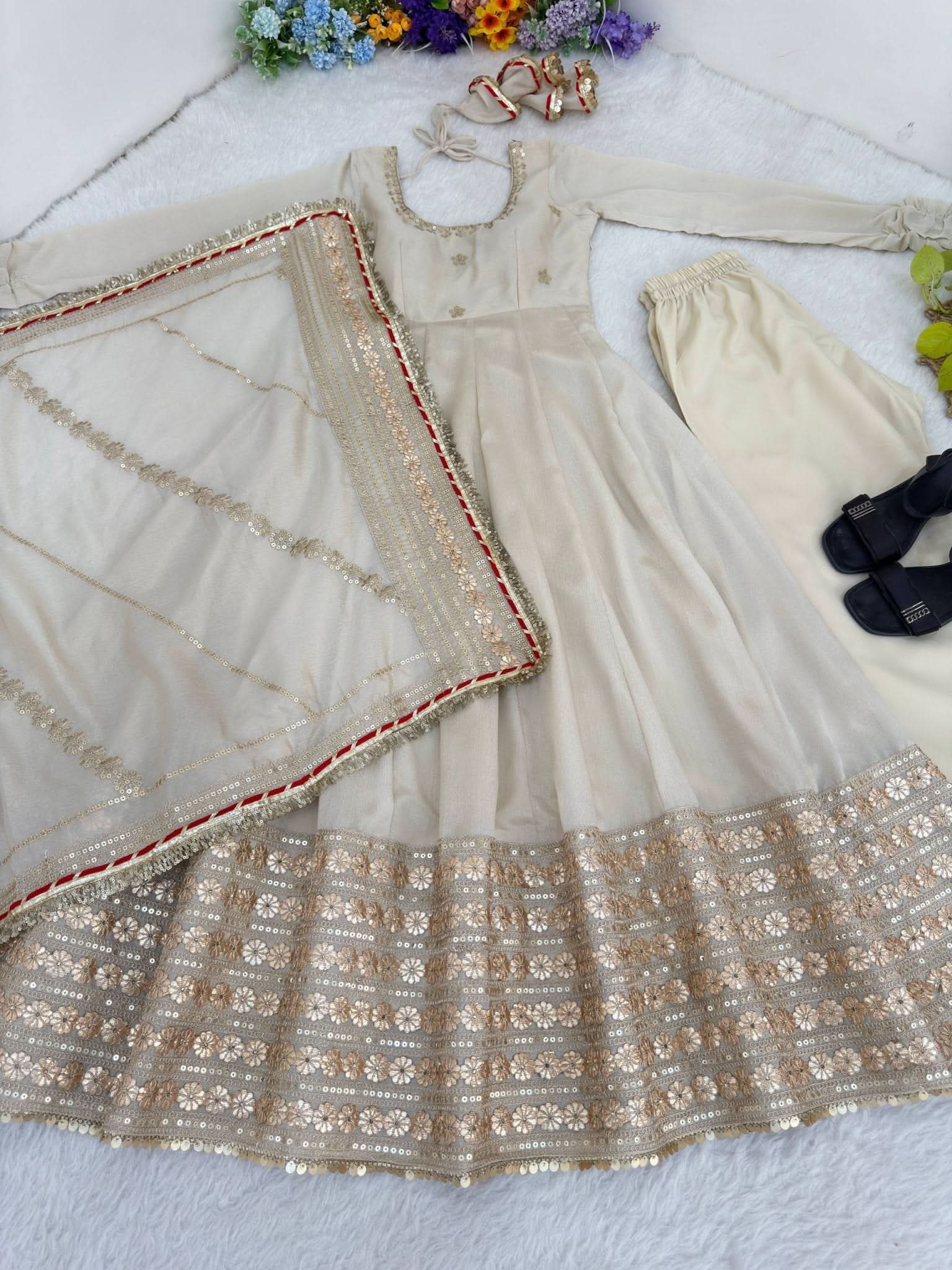 Tusar Chinon Silk Anarkali Gown Set With Dupatta – Heavy Embroidery Party Wear - LAASYNA