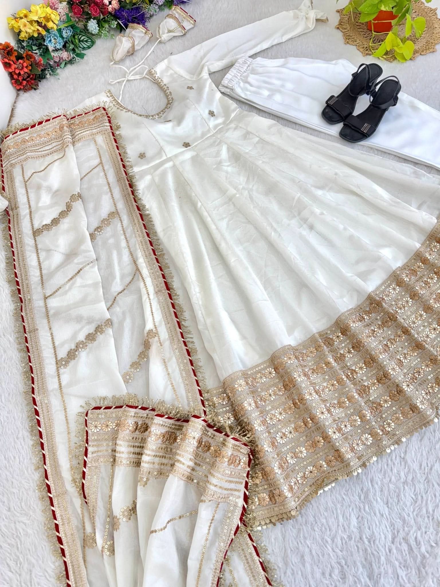 White Pari Chinon Silk Anarkali Gown Set With Dupatta & Pant - LAASYNA