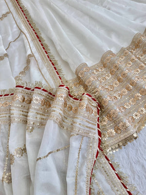 White Pari Chinon Silk Anarkali Gown Set With Dupatta & Pant - LAASYNA