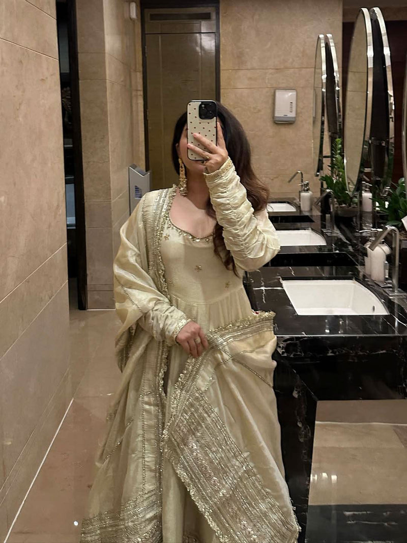 White Pari Chinon Silk Anarkali Gown Set With Dupatta & Pant - LAASYNA