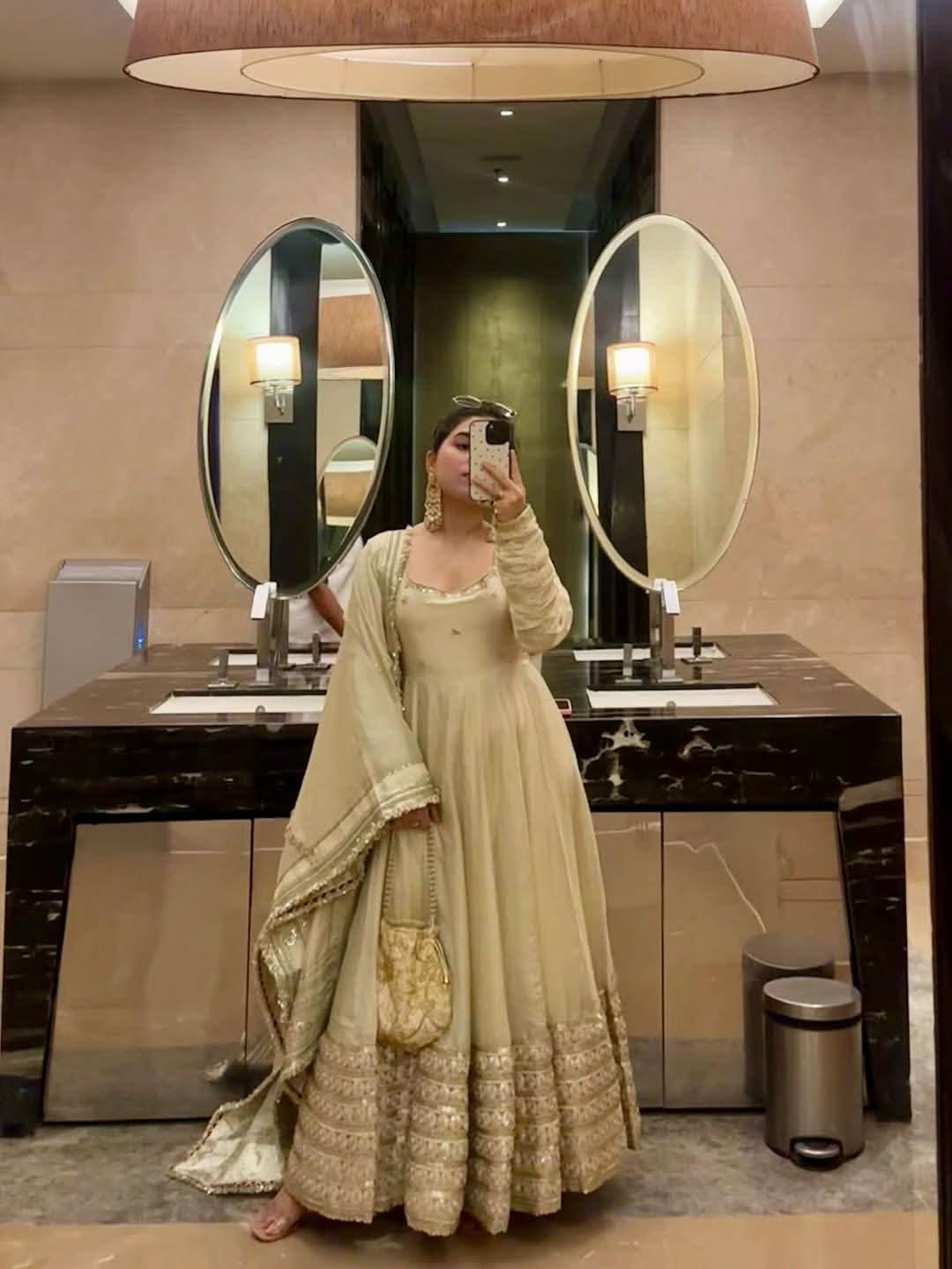 White Pari Chinon Silk Anarkali Gown Set With Dupatta & Pant - LAASYNA