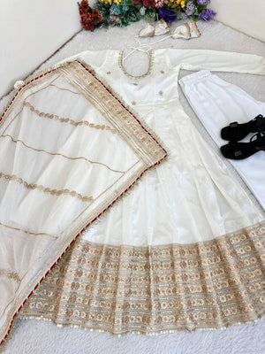 White Pari Chinon Silk Anarkali Gown Set With Dupatta & Pant - LAASYNA