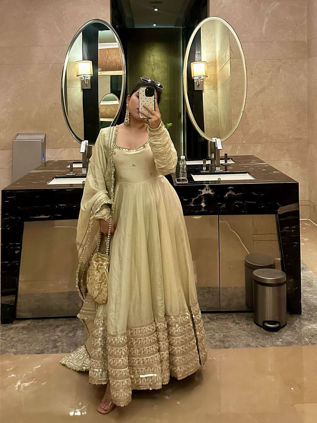 White Pari Chinon Silk Anarkali Gown Set With Dupatta & Pant - LAASYNA