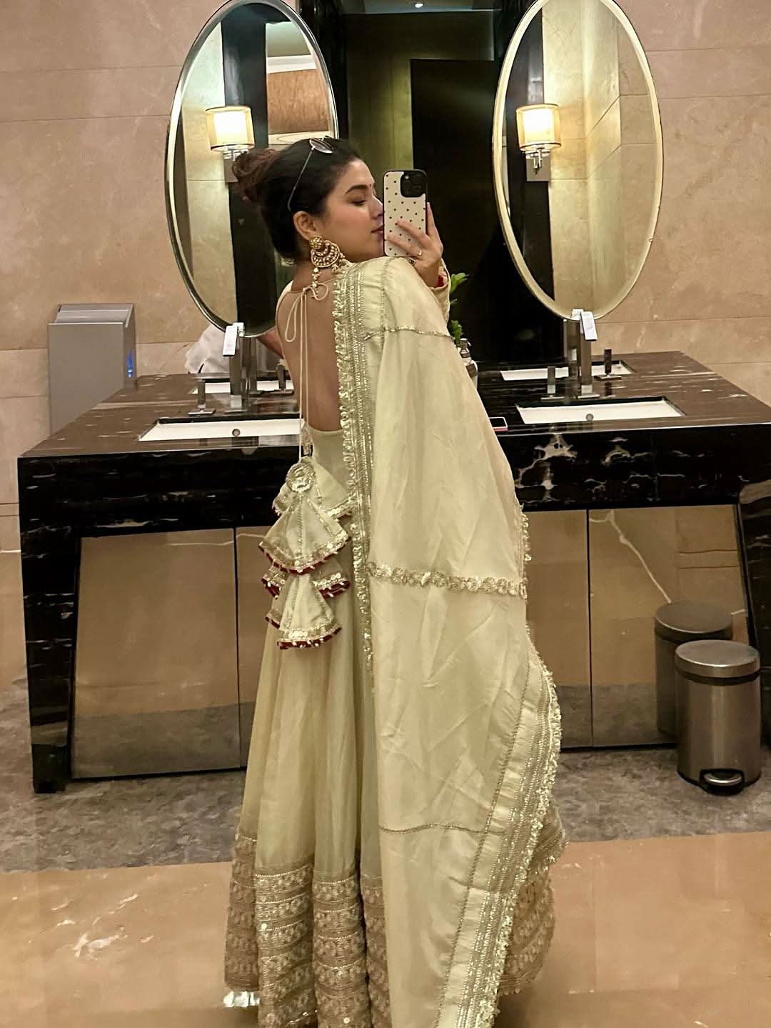 White Pari Chinon Silk Anarkali Gown Set With Dupatta & Pant - LAASYNA