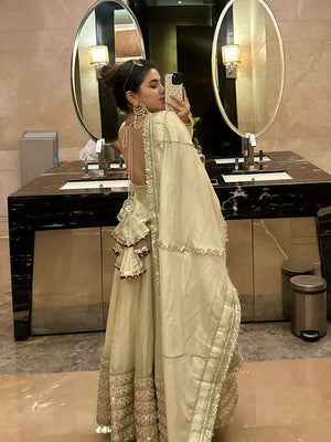 White Pari Chinon Silk Anarkali Gown Set With Dupatta & Pant - LAASYNA